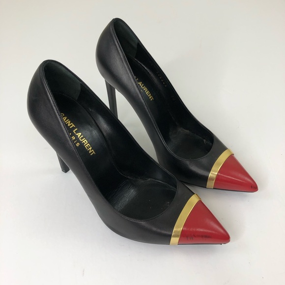 Saint Laurent Paris Janis Black Leather pumps Red Pointed Toe Size 38.5 - Picture 1 of 11